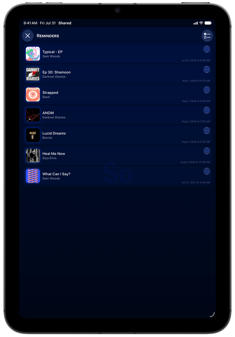 Shared on iPad mini showing Reminders in the Blue tint, dark appearance.