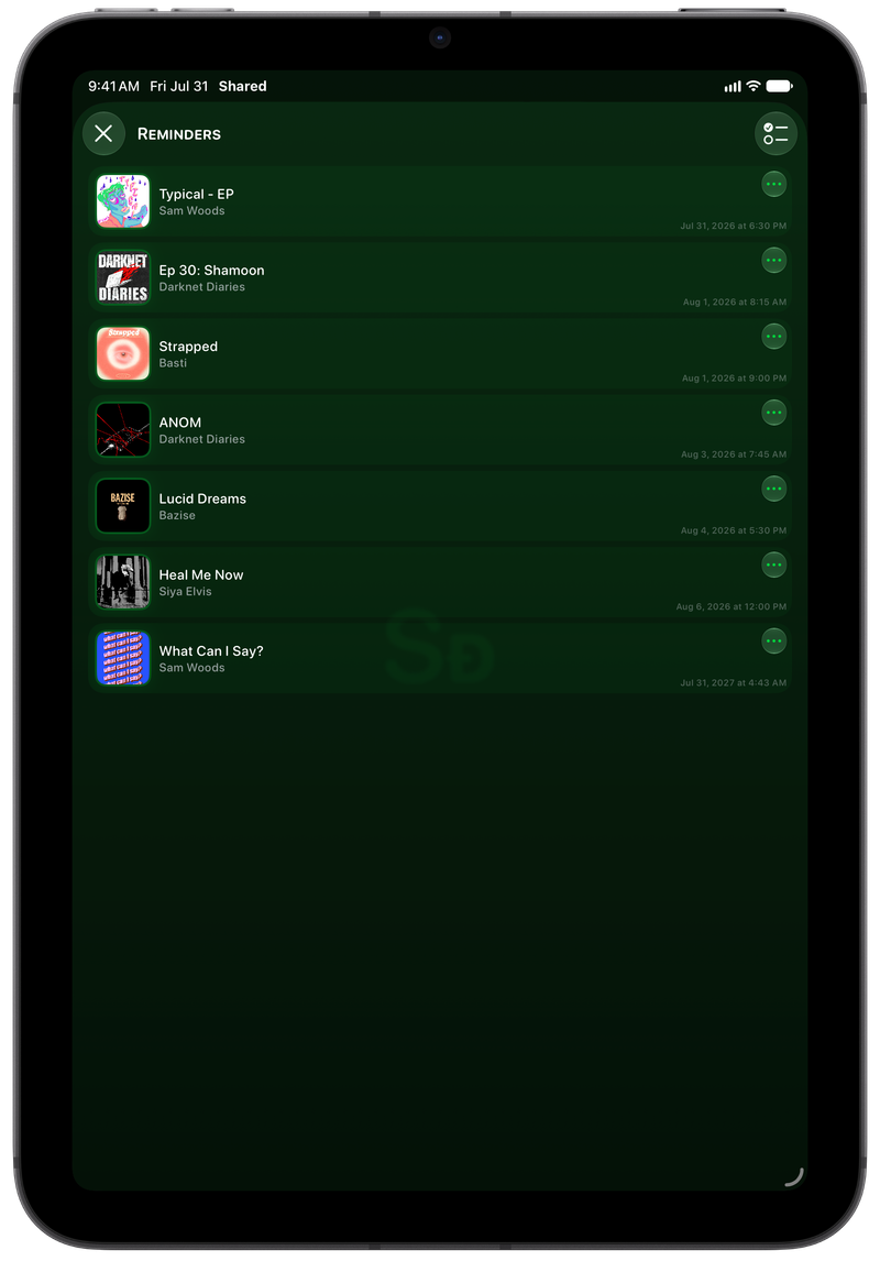 Shared on iPad mini showing Reminders in the Green tint, dark appearance.