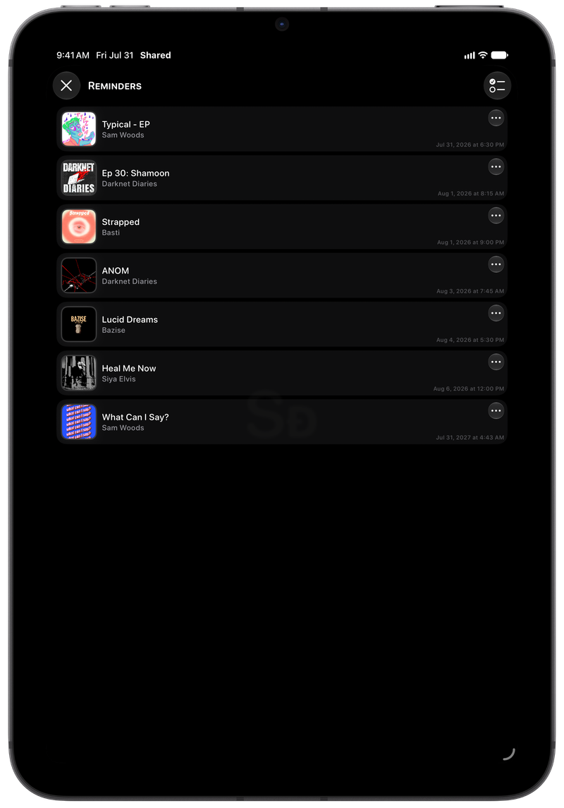 Shared on iPad mini showing Reminders in the Grey tint, dark appearance.