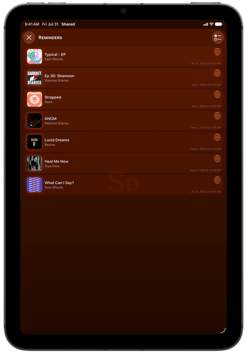 Shared on iPad mini showing Reminders in the Orange tint, dark appearance.