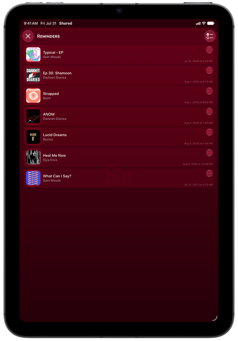 Shared on iPad mini showing Reminders in the Pink tint, dark appearance.