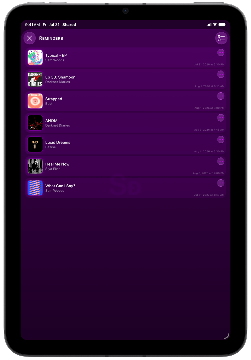 Shared on iPad mini showing Reminders in the Purple tint, dark appearance.