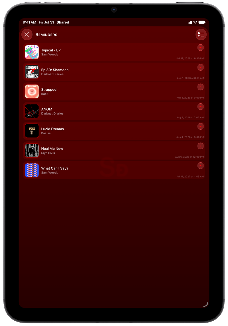 Shared on iPad mini showing Reminders in the Red tint, dark appearance.