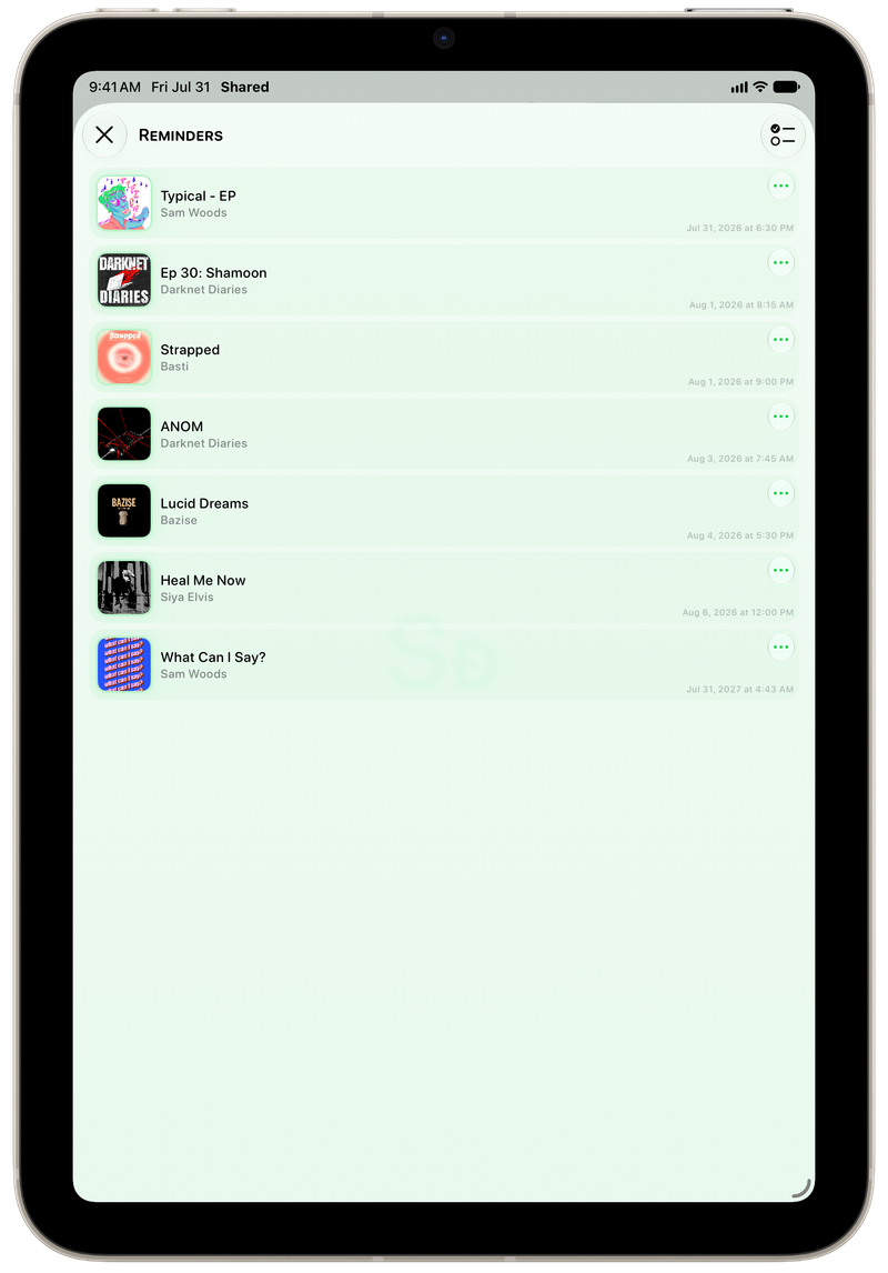 Shared on iPad mini showing Reminders in the Green tint, light appearance.