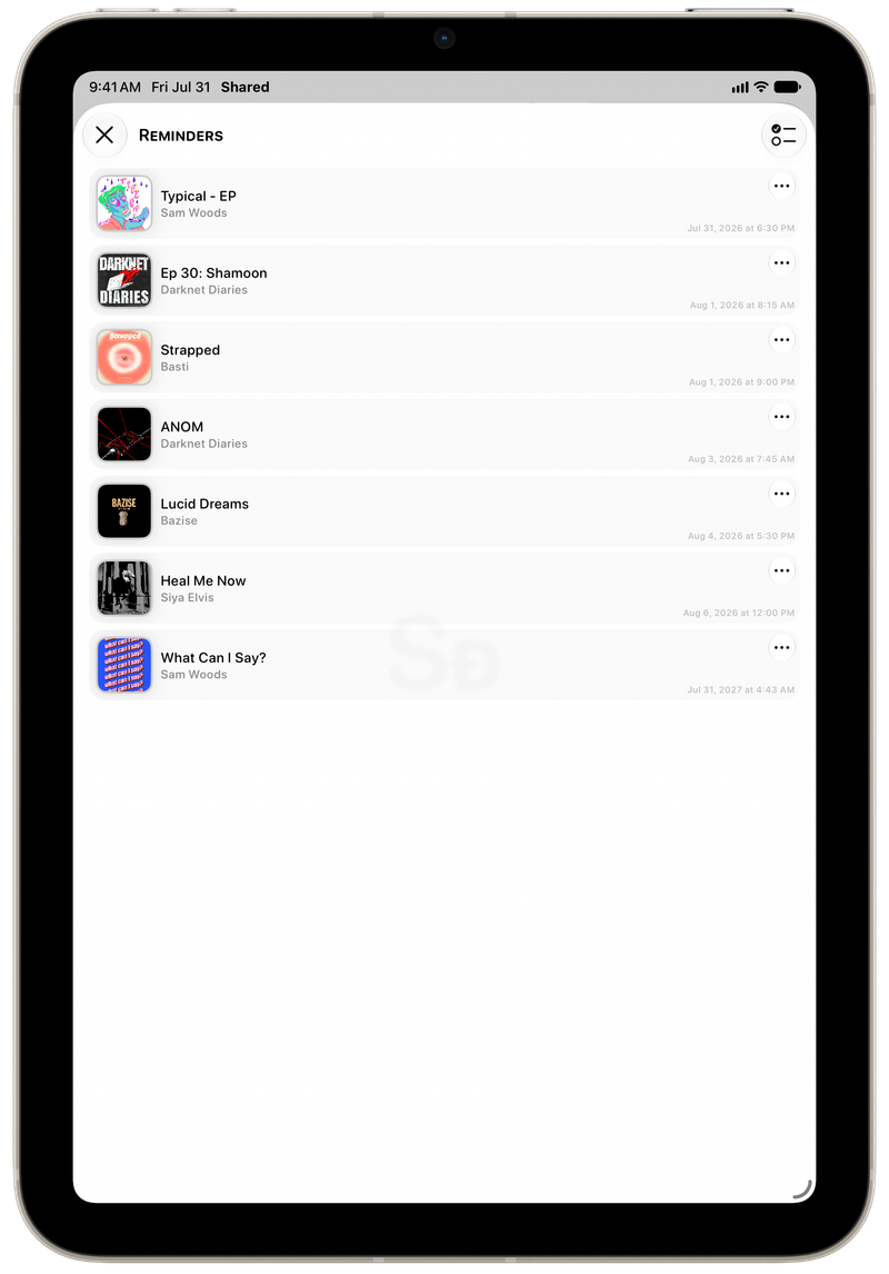 Shared on iPad mini showing Reminders in the Grey tint, light appearance.