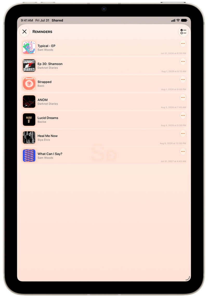 Shared on iPad mini showing Reminders in the Orange tint, light appearance.