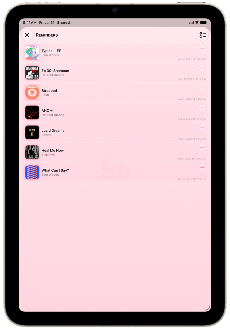 Shared on iPad mini showing Reminders in the Pink tint, light appearance.