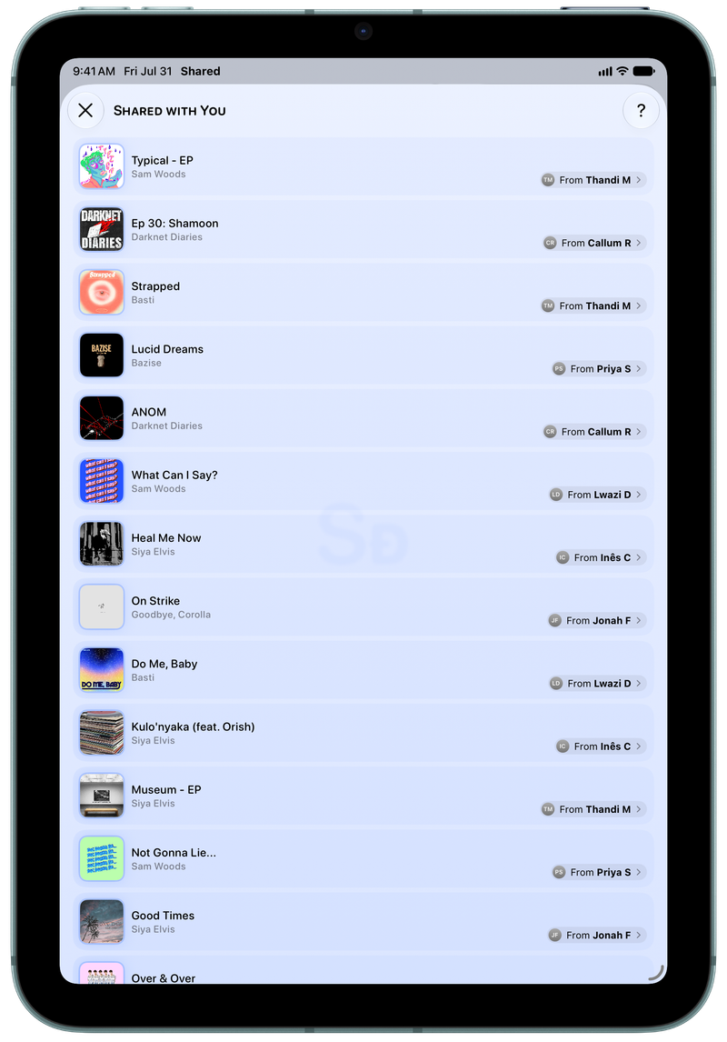 Shared on iPad mini showing Shared with You in the Blue tint, light appearance.