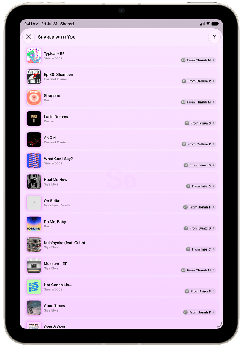 Shared on iPad mini showing Shared with You in the Purple tint, light appearance.