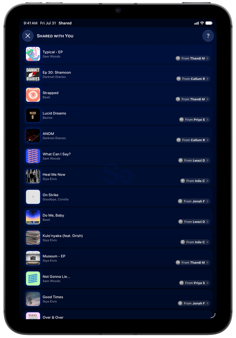 Shared on iPad mini showing Shared with You in the Blue tint, dark appearance.
