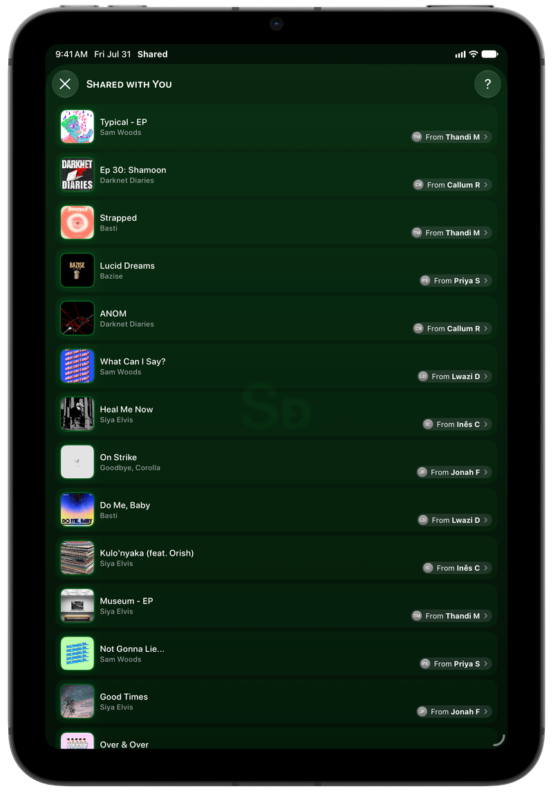 Shared on iPad mini showing Shared with You in the Green tint, dark appearance.