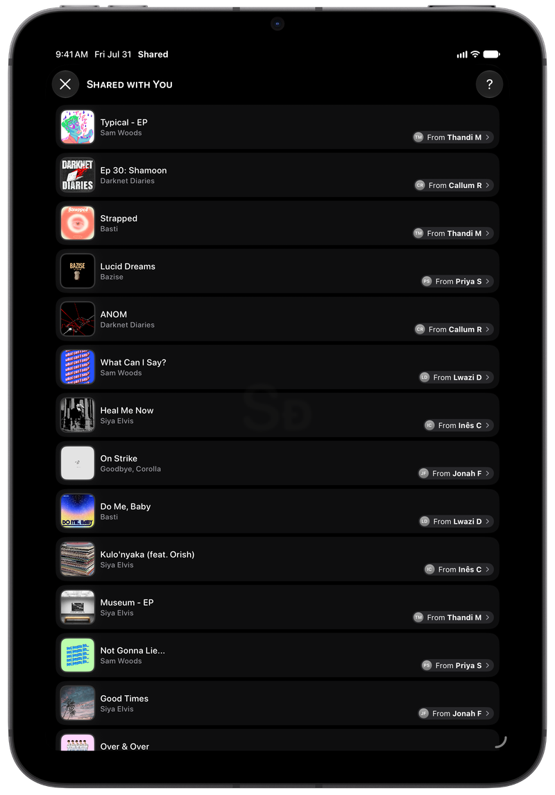 Shared on iPad mini showing Shared with You in the Grey tint, dark appearance.