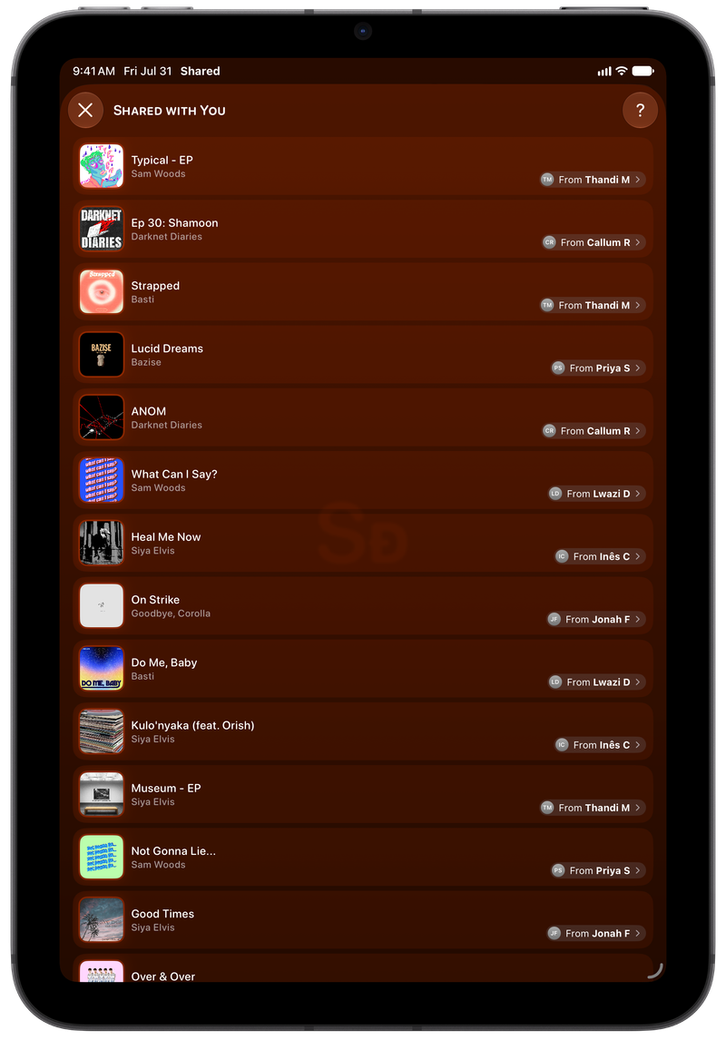 Shared on iPad mini showing Shared with You in the Orange tint, dark appearance.