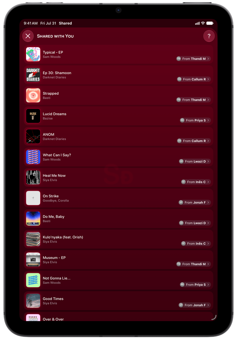 Shared on iPad mini showing Shared with You in the Pink tint, dark appearance.
