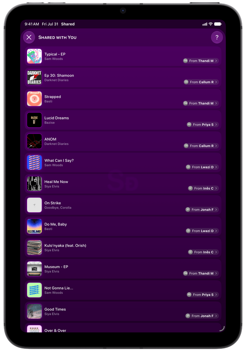 Shared on iPad mini showing Shared with You in the Purple tint, dark appearance.