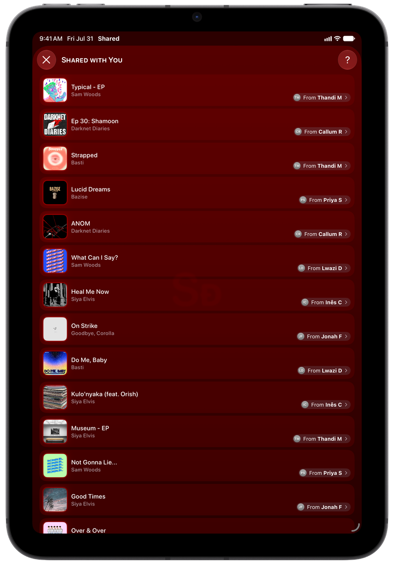 Shared on iPad mini showing Shared with You in the Red tint, dark appearance.