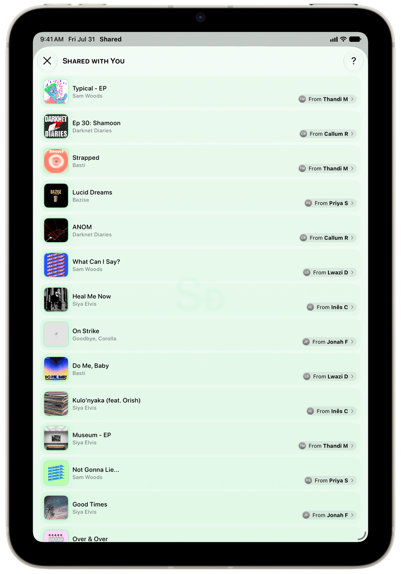 Shared on iPad mini showing Shared with You in the Green tint, light appearance.