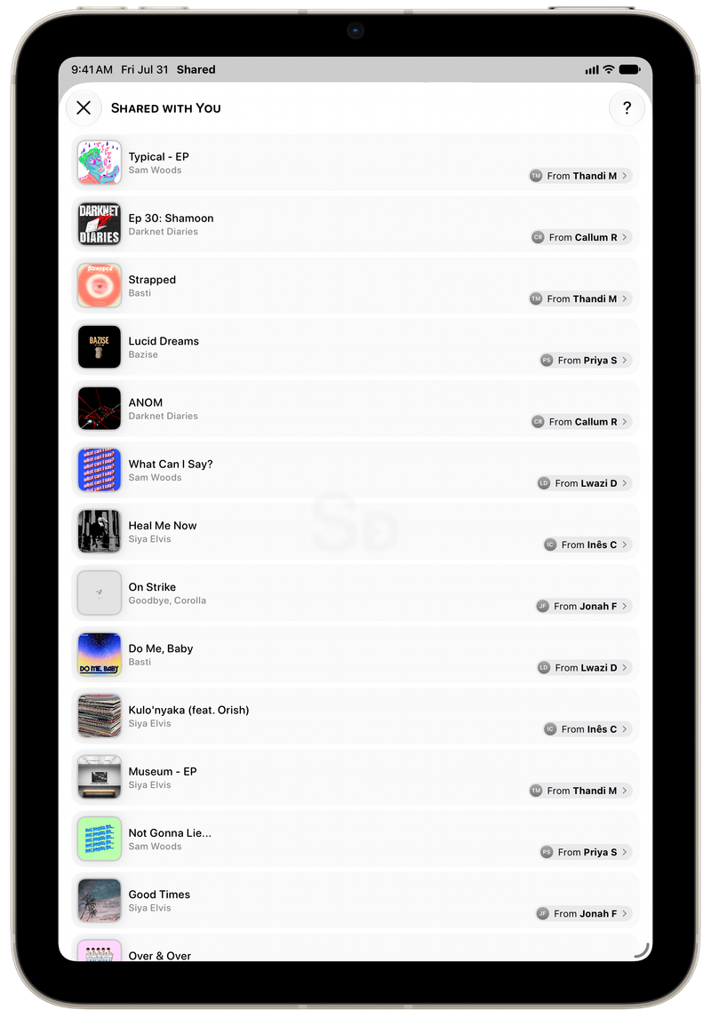 Shared on iPad mini showing Shared with You in the Grey tint, light appearance.