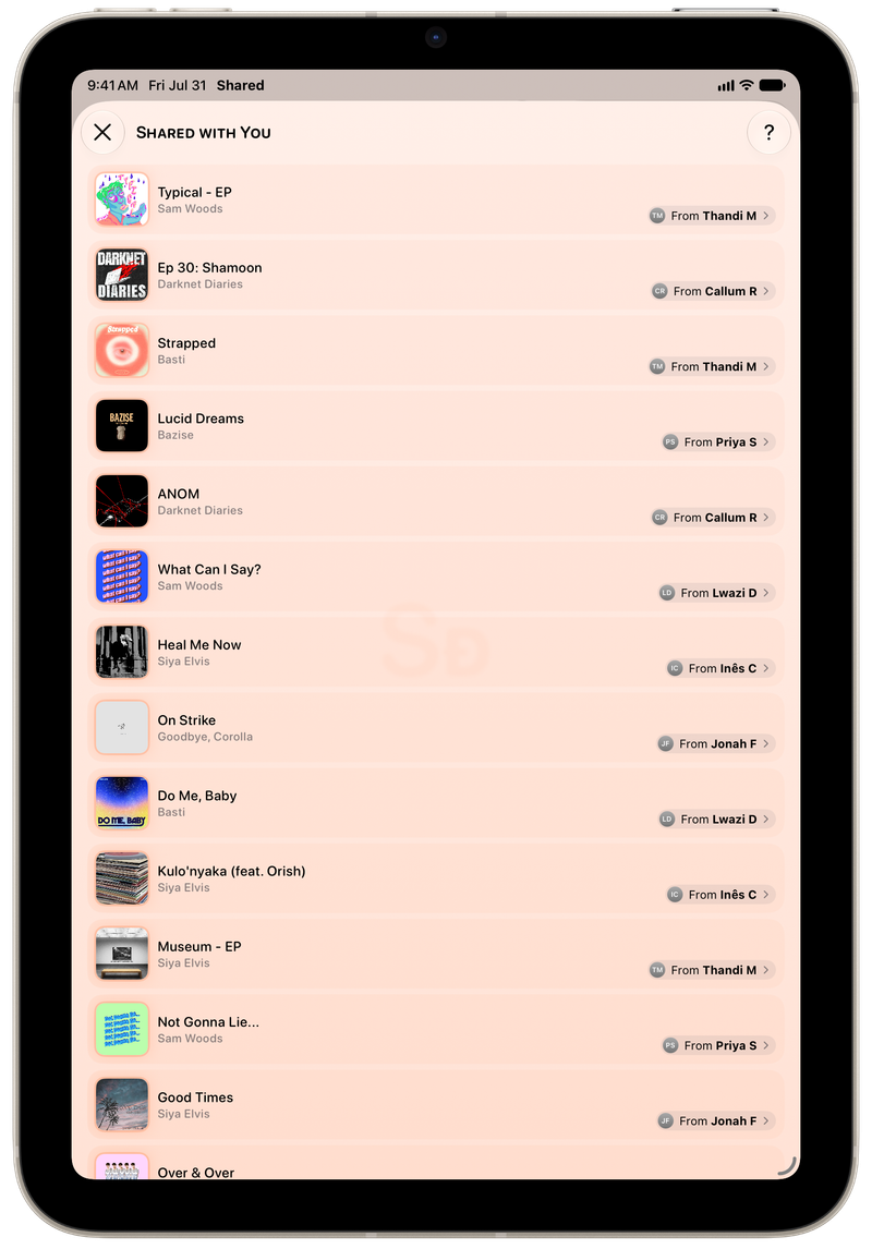 Shared on iPad mini showing Shared with You in the Orange tint, light appearance.