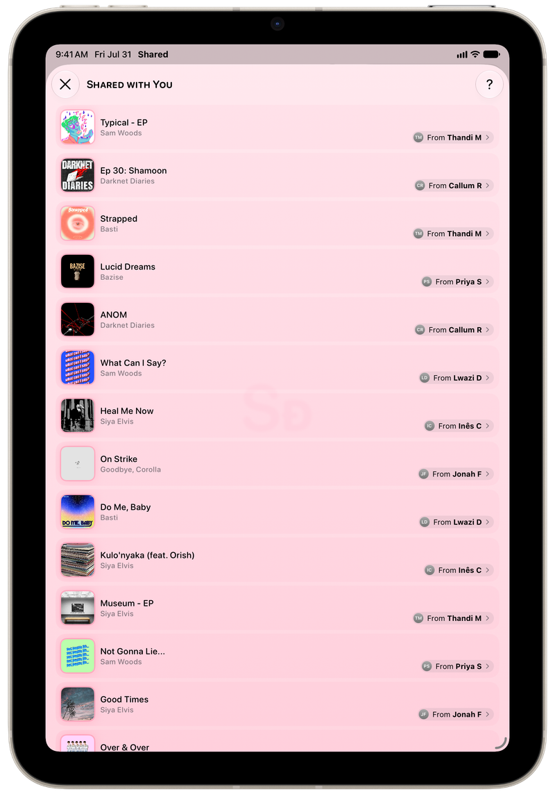 Shared on iPad mini showing Shared with You in the Pink tint, light appearance.