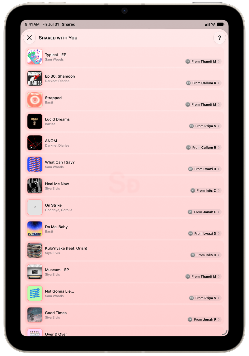 Shared on iPad mini showing Shared with You in the Red tint, light appearance.