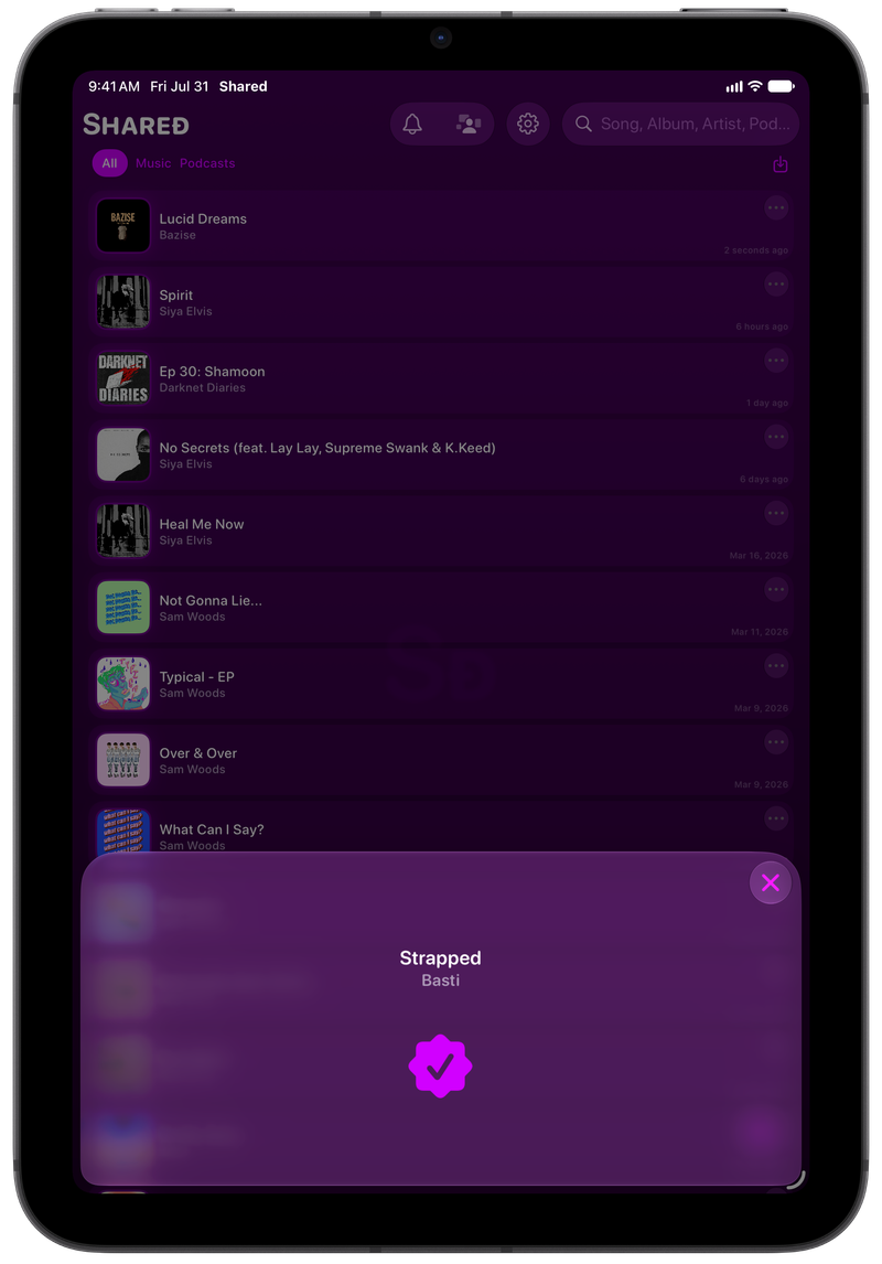 Shared on iPad mini showing Successful Match in the Purple tint, dark appearance.