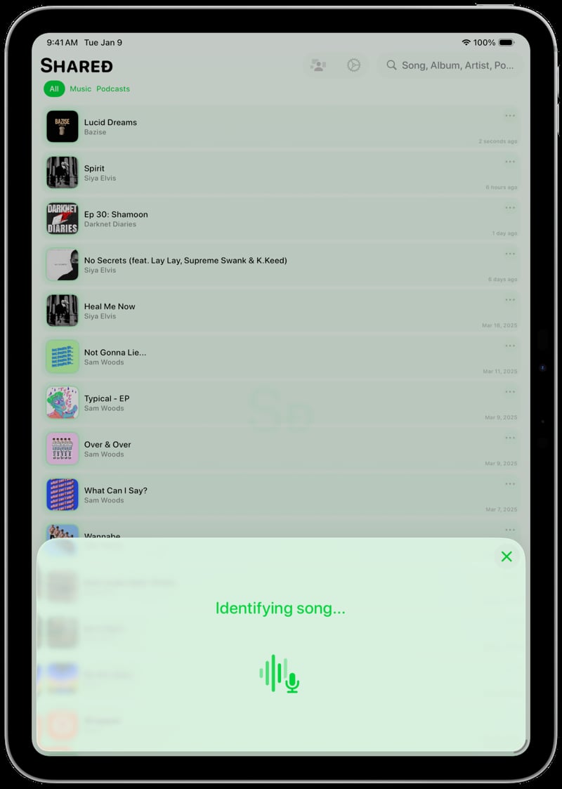 Shared iPad Pro 11 inch Song ID Identifying Green Light press image.
