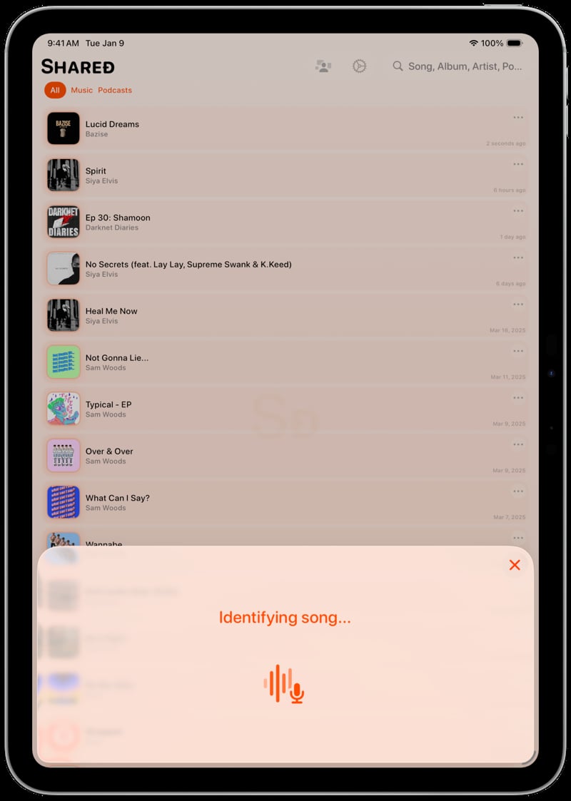 Shared iPad Pro 11 inch Song ID Identifying Orange Light press image.