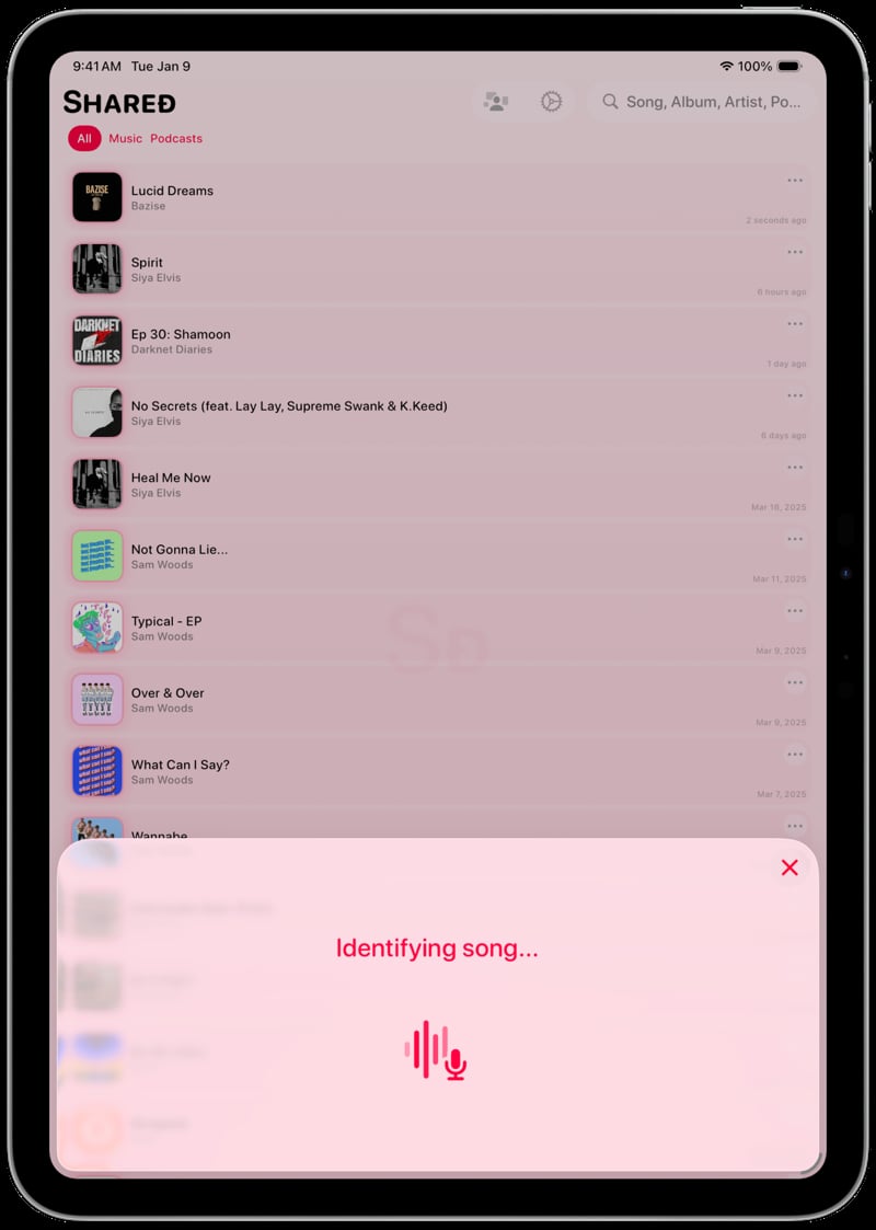 Shared iPad Pro 11 inch Song ID Identifying Pink Light press image.
