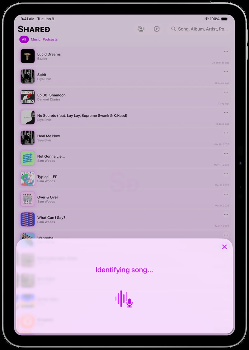 Shared iPad Pro 11 inch Song ID Identifying Purple Light press image.