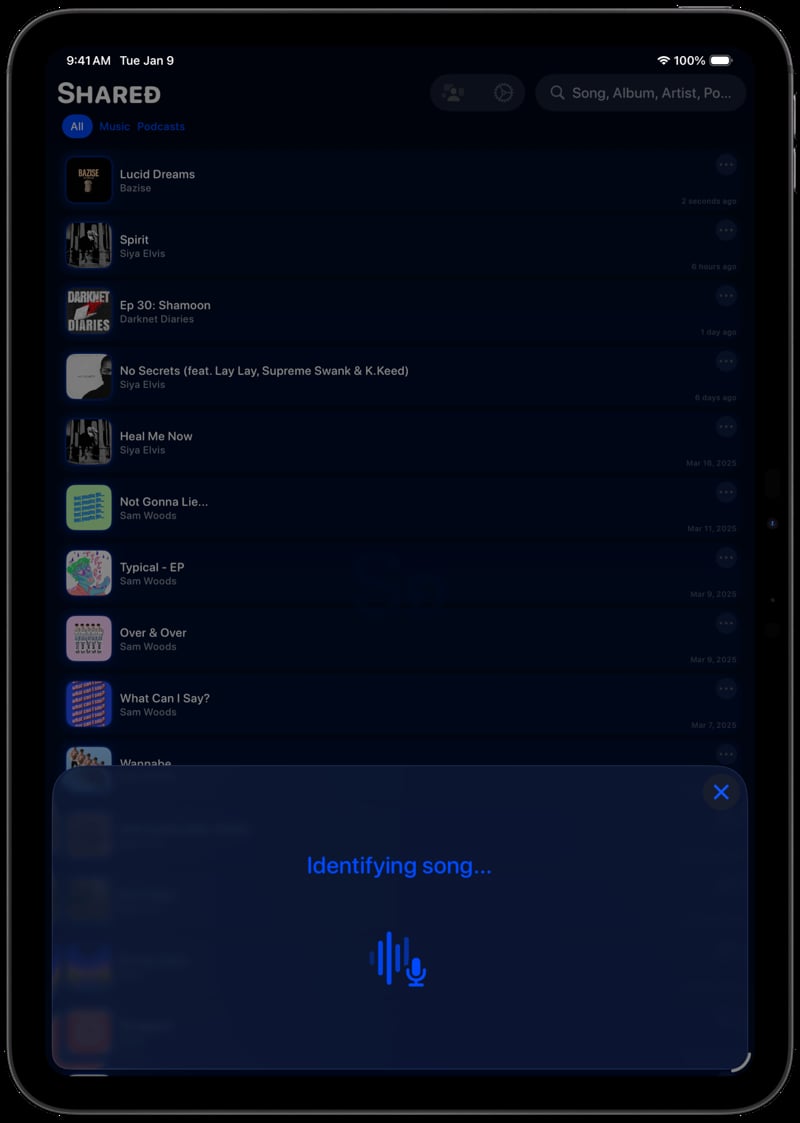 Shared iPad Pro 11 inch Space Grey Song ID Identifying Blue Dark press image.