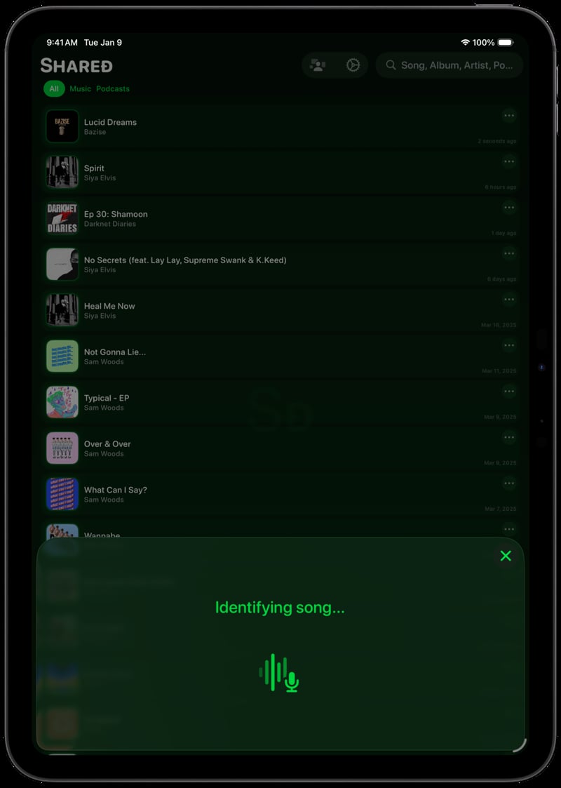 Shared iPad Pro 11 inch Space Grey Song ID Identifying Green Dark press image.