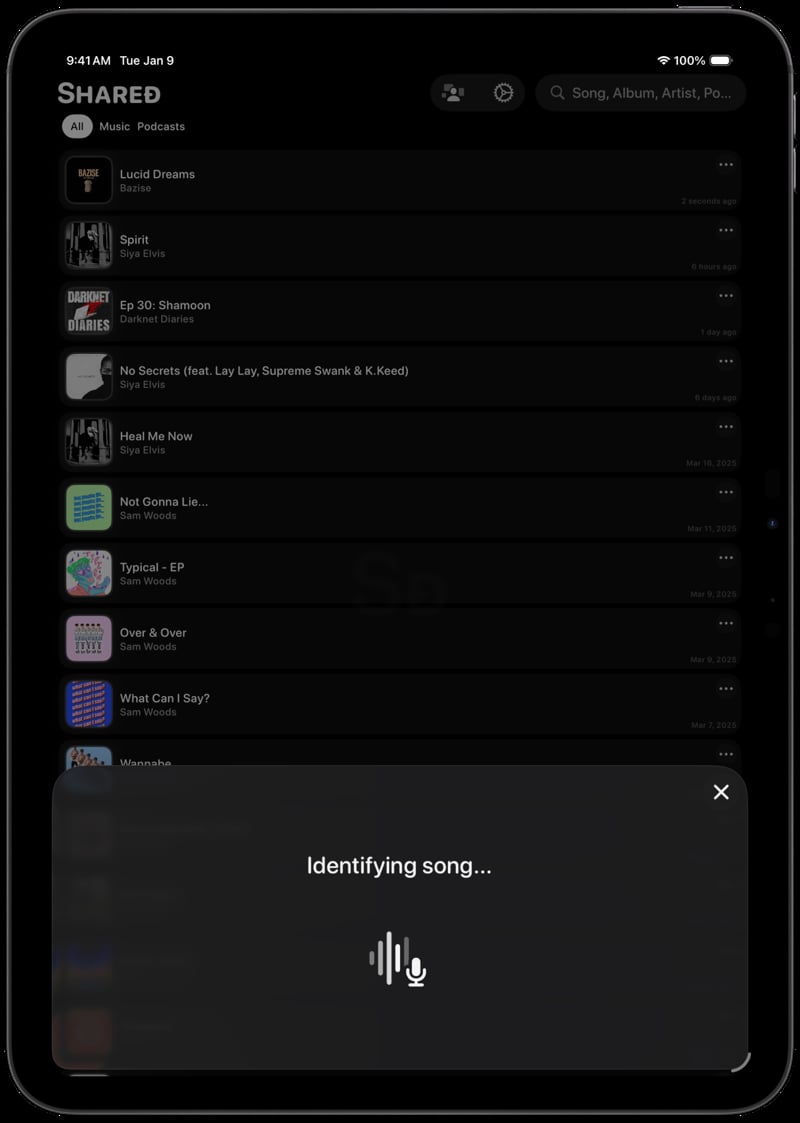 Shared iPad Pro 11 inch Space Grey Song ID Identifying Grey Dark press image.