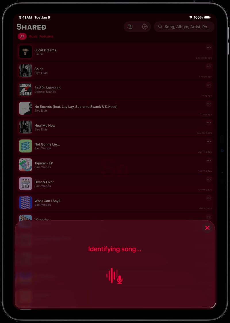 Shared iPad Pro 11 inch Space Grey Song ID Identifying Pink Dark press image.