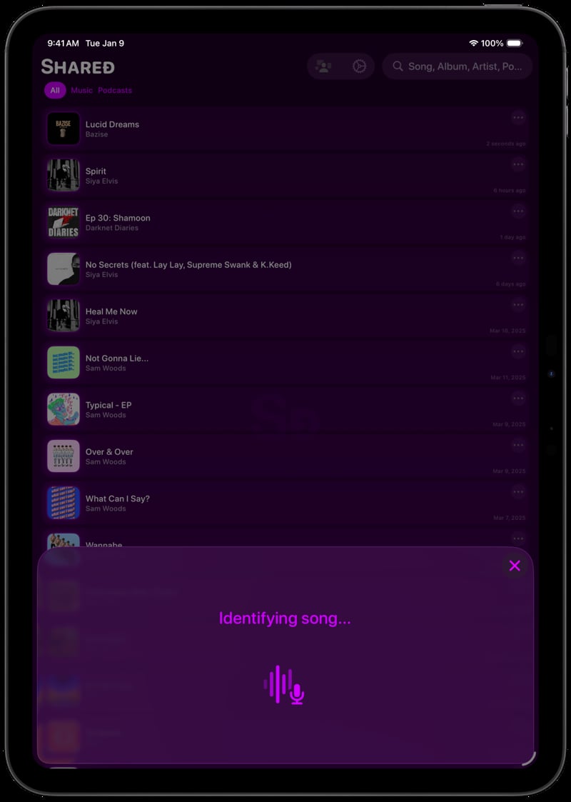 Shared iPad Pro 11 inch Space Grey Song ID Identifying Purple Dark press image.