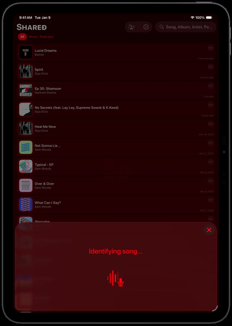 Shared iPad Pro 11 inch Space Grey Song ID Identifying Red Dark press image.