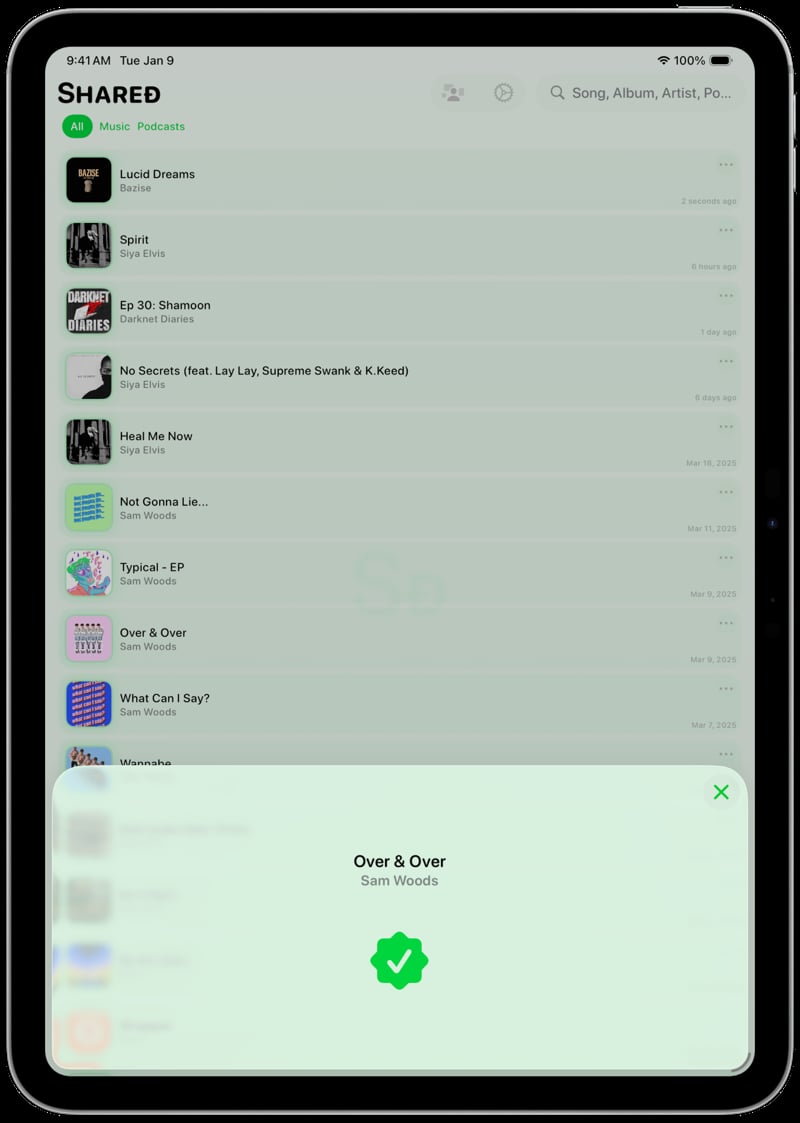 Shared iPad Pro 11 inch Song ID Match Green Light press image.