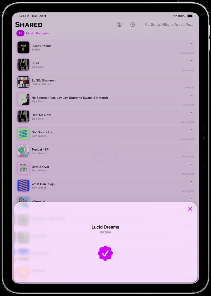 Shared iPad Pro 11 inch Song ID Match Purple Light press image.