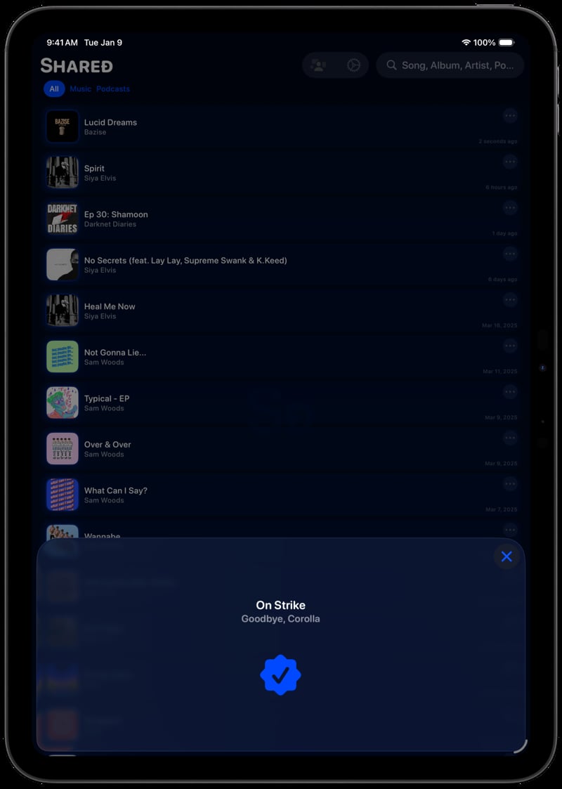 Shared iPad Pro 11 inch Space Grey Song ID Match Blue Dark press image.