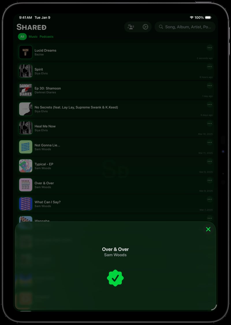 Shared iPad Pro 11 inch Space Grey Song ID Match Green Dark press image.