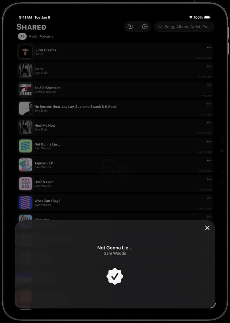 Shared iPad Pro 11 inch Space Grey Song ID Match Grey Dark press image.