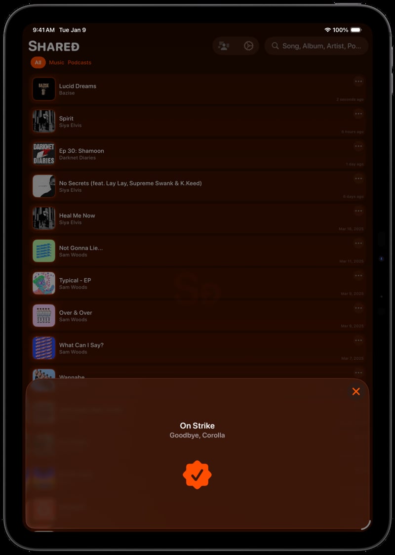 Shared iPad Pro 11 inch Space Grey Song ID Match Orange Dark press image.