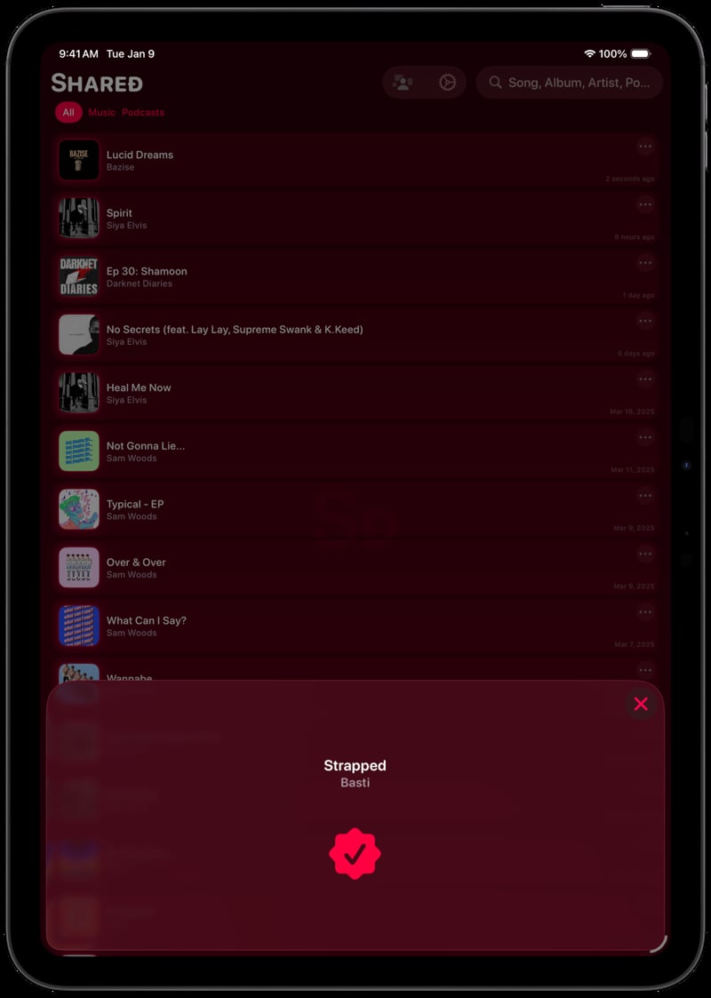 Shared iPad Pro 11 inch Space Grey Song ID Match Pink Dark press image.