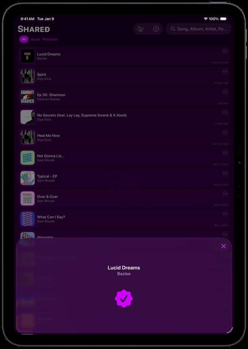 Shared iPad Pro 11 inch Space Grey Song ID Match Purple Dark press image.