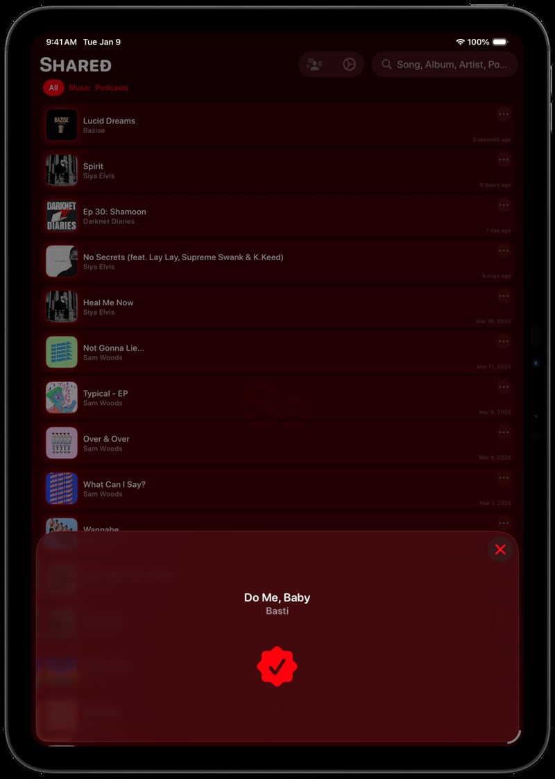 Shared iPad Pro 11 inch Space Grey Song ID Match Red Dark press image.