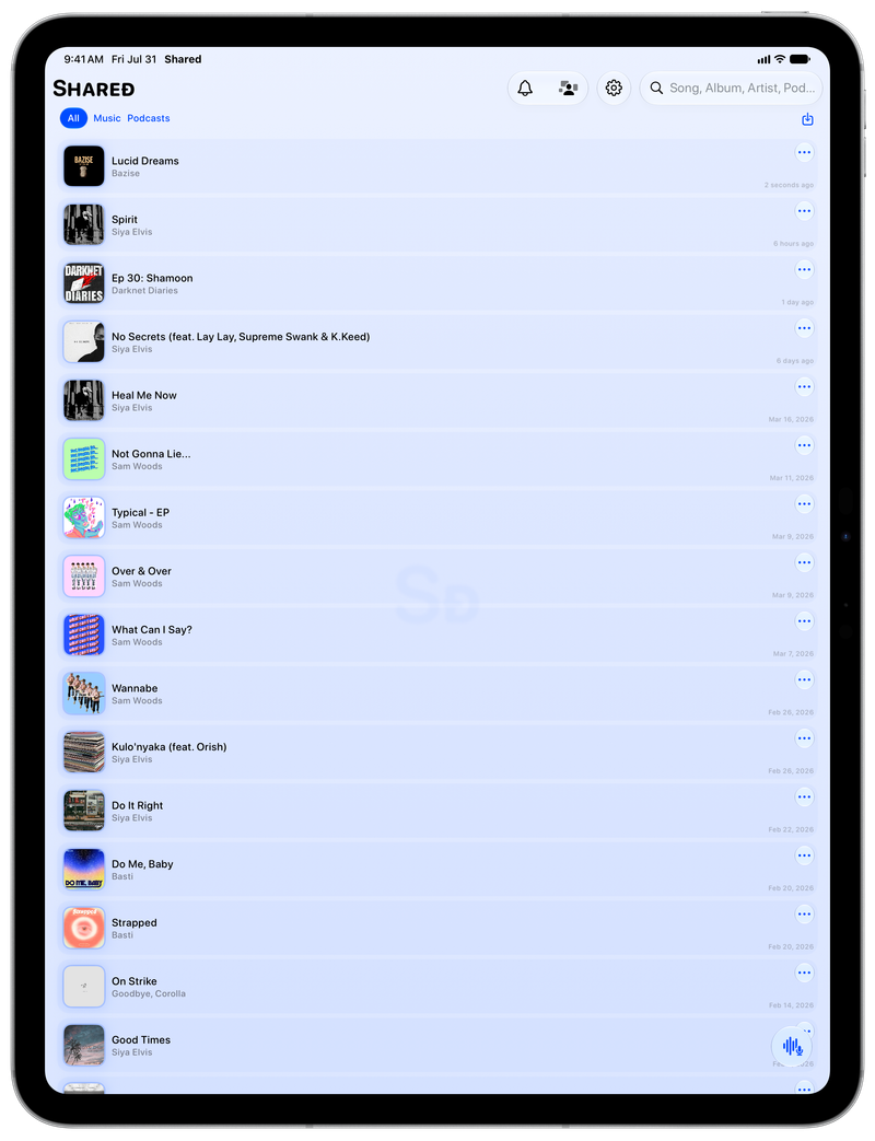 Shared on iPad Pro 13-inch showing History in the Blue tint, light appearance.