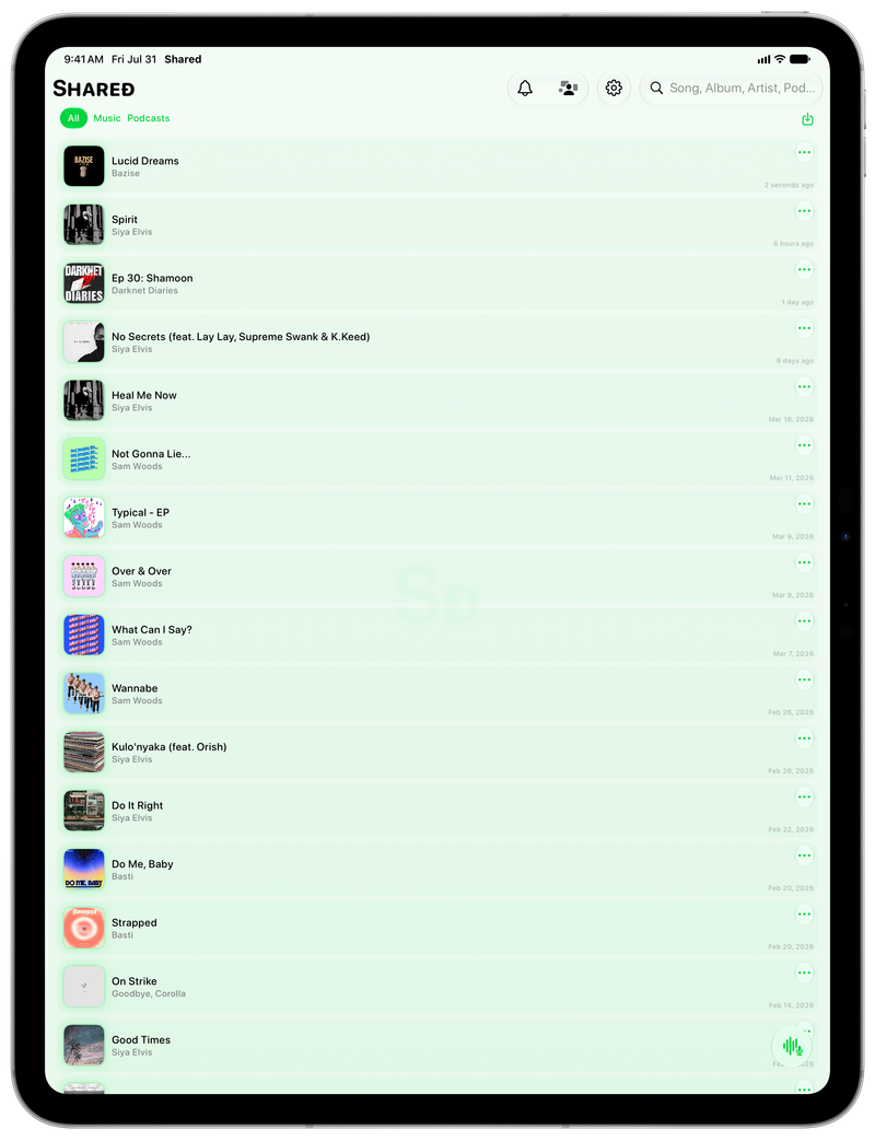 Shared on iPad Pro 13-inch showing History in the Green tint, light appearance.
