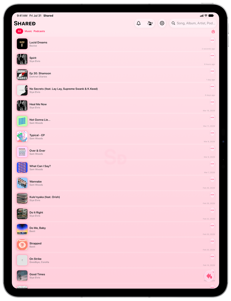 Shared on iPad Pro 13-inch showing History in the Pink tint, light appearance.