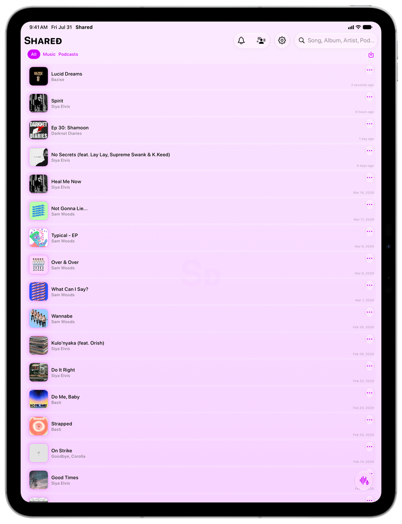 Shared on iPad Pro 13-inch showing History in the Purple tint, light appearance.