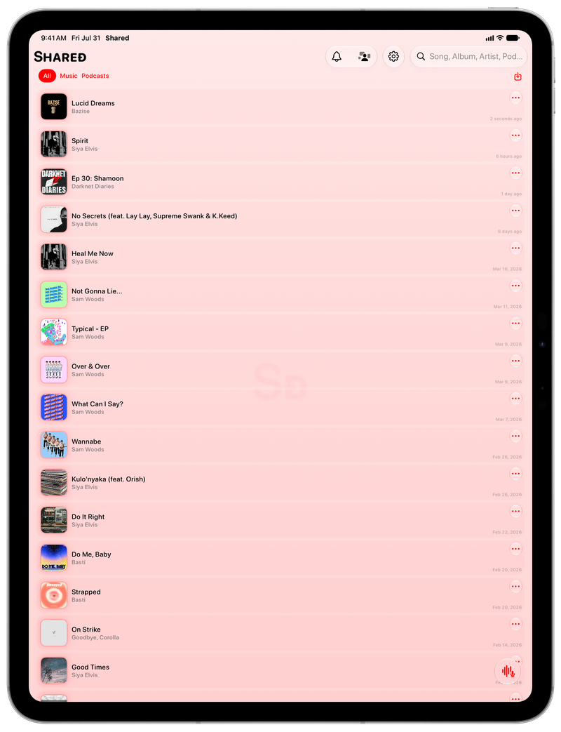 Shared on iPad Pro 13-inch showing History in the Red tint, light appearance.